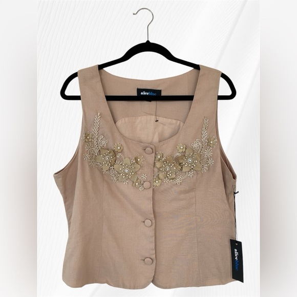 Alice Blue Floral Embroidered Tan Top - Picture 1 of 12